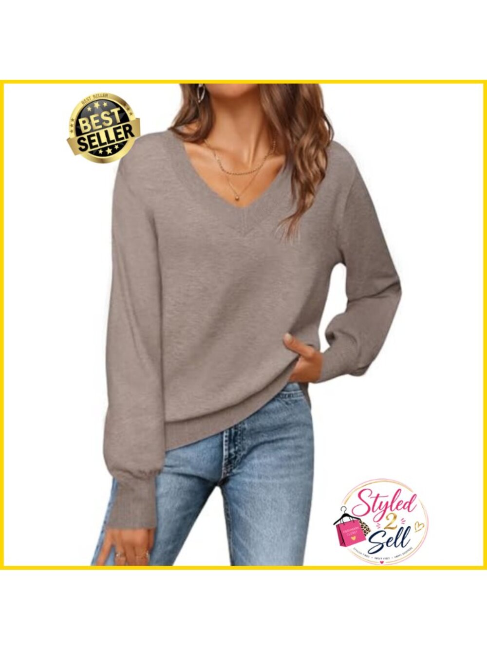 V Neck Long Lantern Sleeve Knit Pullover Sweater Lightweight